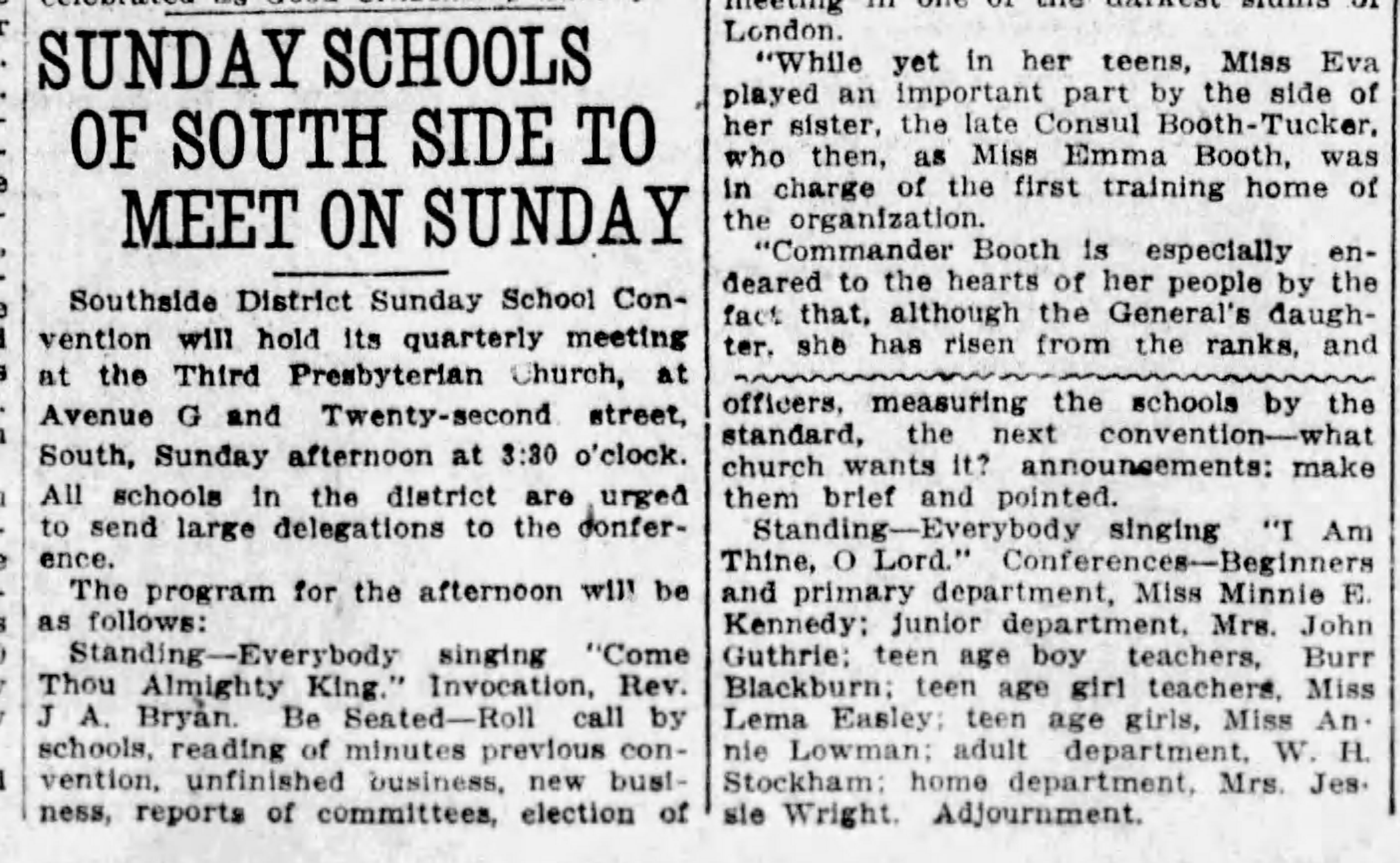 Sunday Schools of South Side to Meet on Sunday